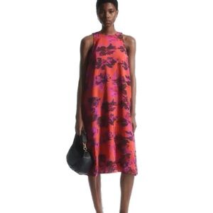 COS Racer-Neck Multi Floral Pink Sleeveless Shift Midi Pullover Dress Pockets 6